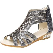 Womens Sandals Heels Low, Womens Hollowed Out Wedge Sandals Open Toe Casual Zipper Sandals Beach Summer Rhinestone Sandals