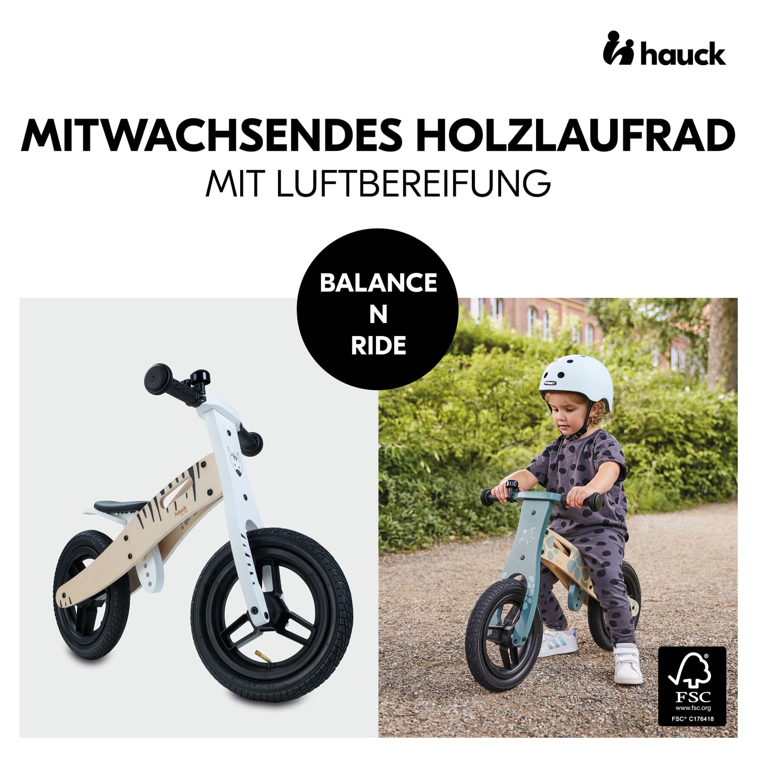 hauck Kinder Laufrad Balance N Ride ab 2 Jahre bis 20 kg, Holz Laufrad, Sattel Höhenverstellbar, Rutschrad mit 12 Zoll Lufträder, Klingel, Tragegriff, ohne Pedal (Zebra)