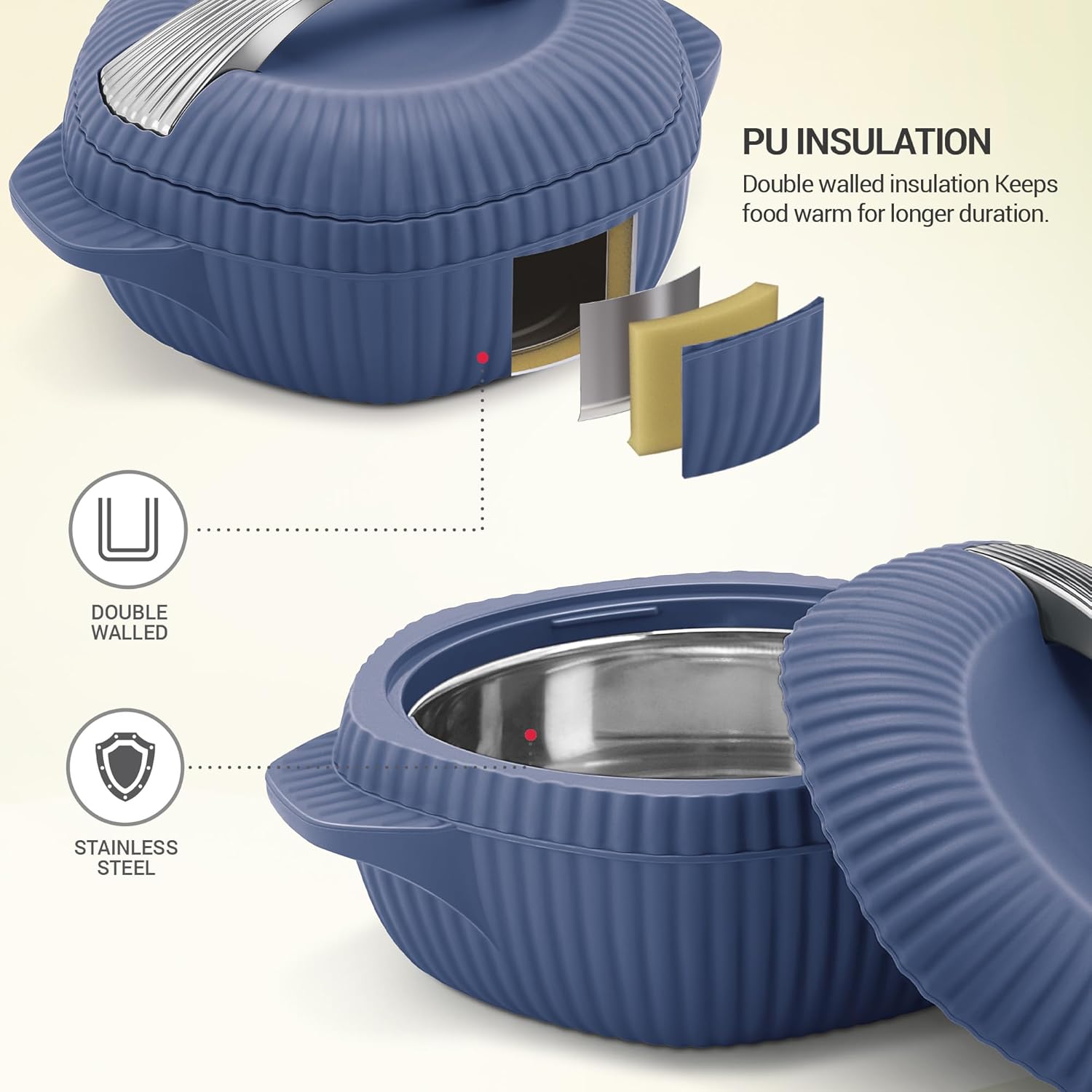 MILTON Oyster Reg. Gift Set PU Insulated Casserole, Set of 3 (860 ml, 1275 ml, 1910 ml), Royal Blue, BPA Free, Food Grade, Hot and Cold, Easy to Carry, Easy to Store, Chapati, Roti, Curd Maker