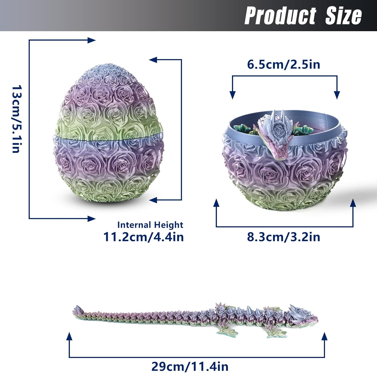 3D Printed Dragon in Egg Mystery Chinese Dragon Crystal Articulated Dragon Egg Surprise Easter Eggs Easter Basket Stuffers Home Office Decor Executive Desk Toys Gifts (Multicolored)