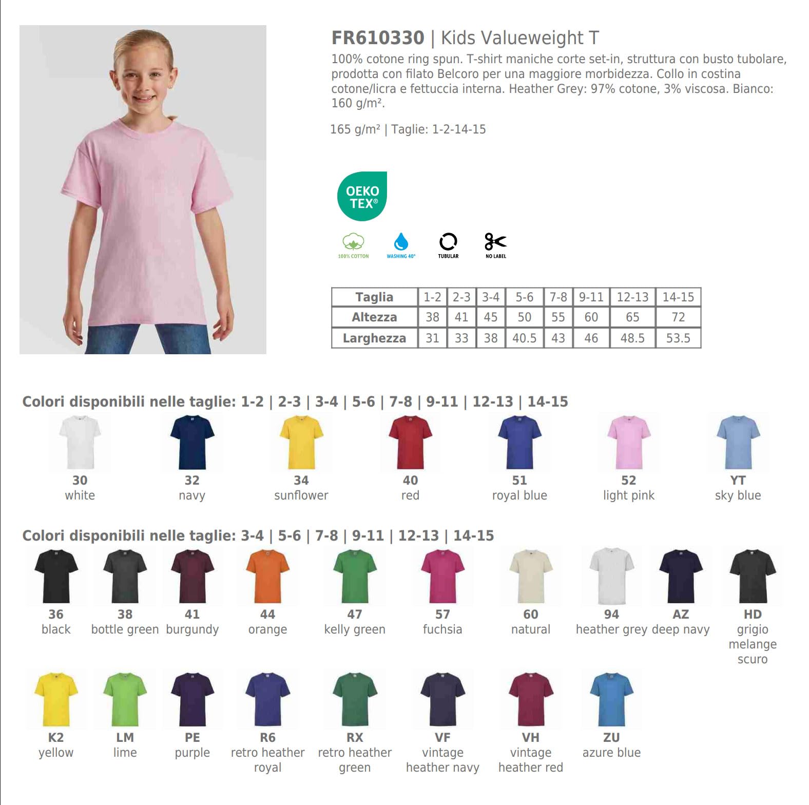 Generico T-Shirt Bambino e Bambina Kids Valueweight T – 2 Magliette Unisex Ragazzo e Ragazza Cotone 100% 165 g/m² – Taglie da 1 a 15 Anni – MOD FRU 61-033-0