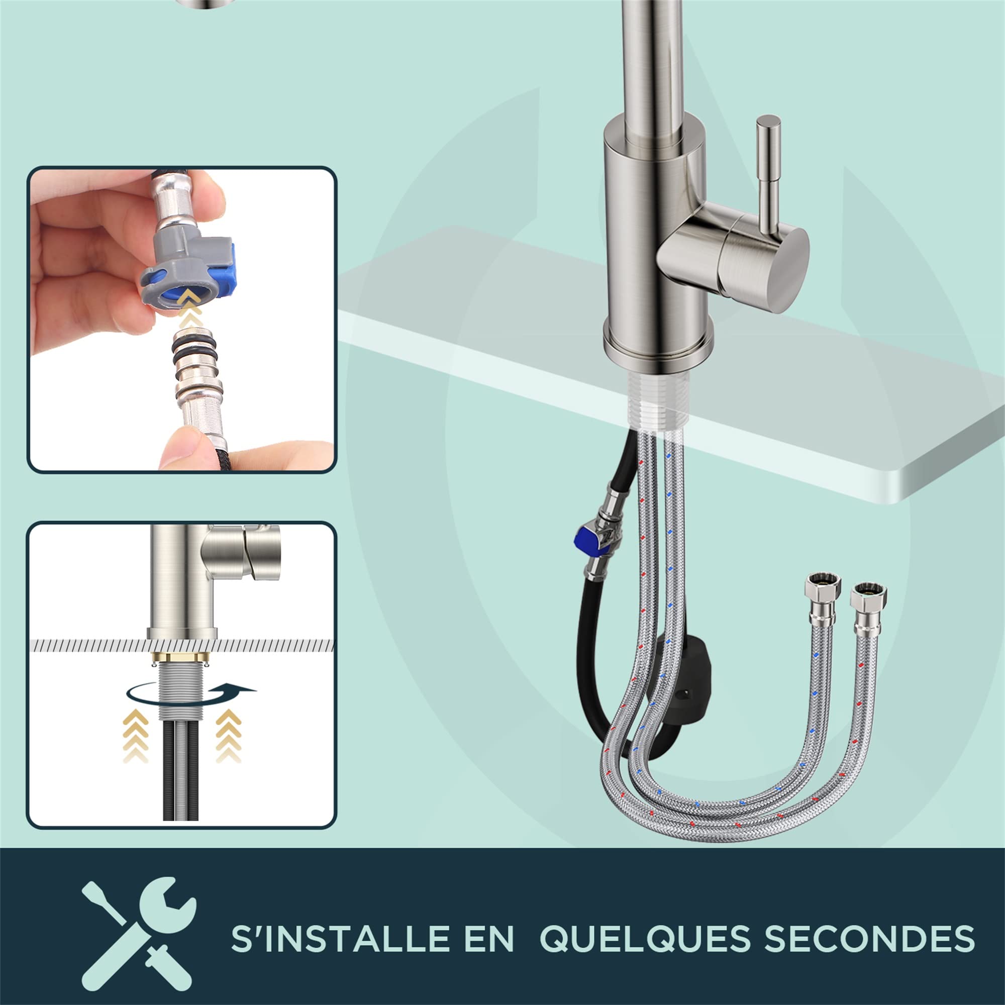 FORIOUS Robinet Cuisine Douchette Extractible 360° Acier Inoxydable 2 Modes Pulvérisation Froid & Chaud