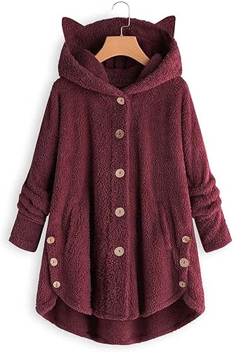 Miniatura 2 de YRAETENM Chaquetas de forro polar para mujer, con botones, manga larga, con capucha, abertura lateral, cálidas, cómodas, para invierno, con orejas