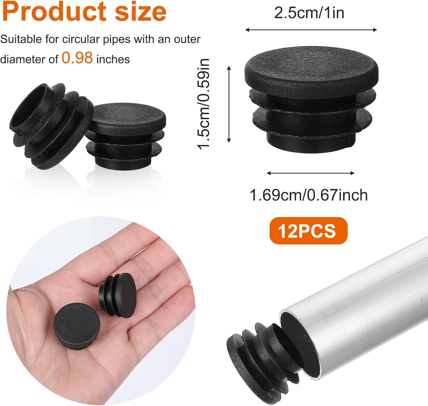 12 Pcs 1 Inch Pipe Tubing End Caps Black Round Plastic Hole Plugs Furniture Feet Plug Table Chair Leg Blanking End Insert Plugs Inserts Furniture Finishing Plug for Chair Tables Pipes