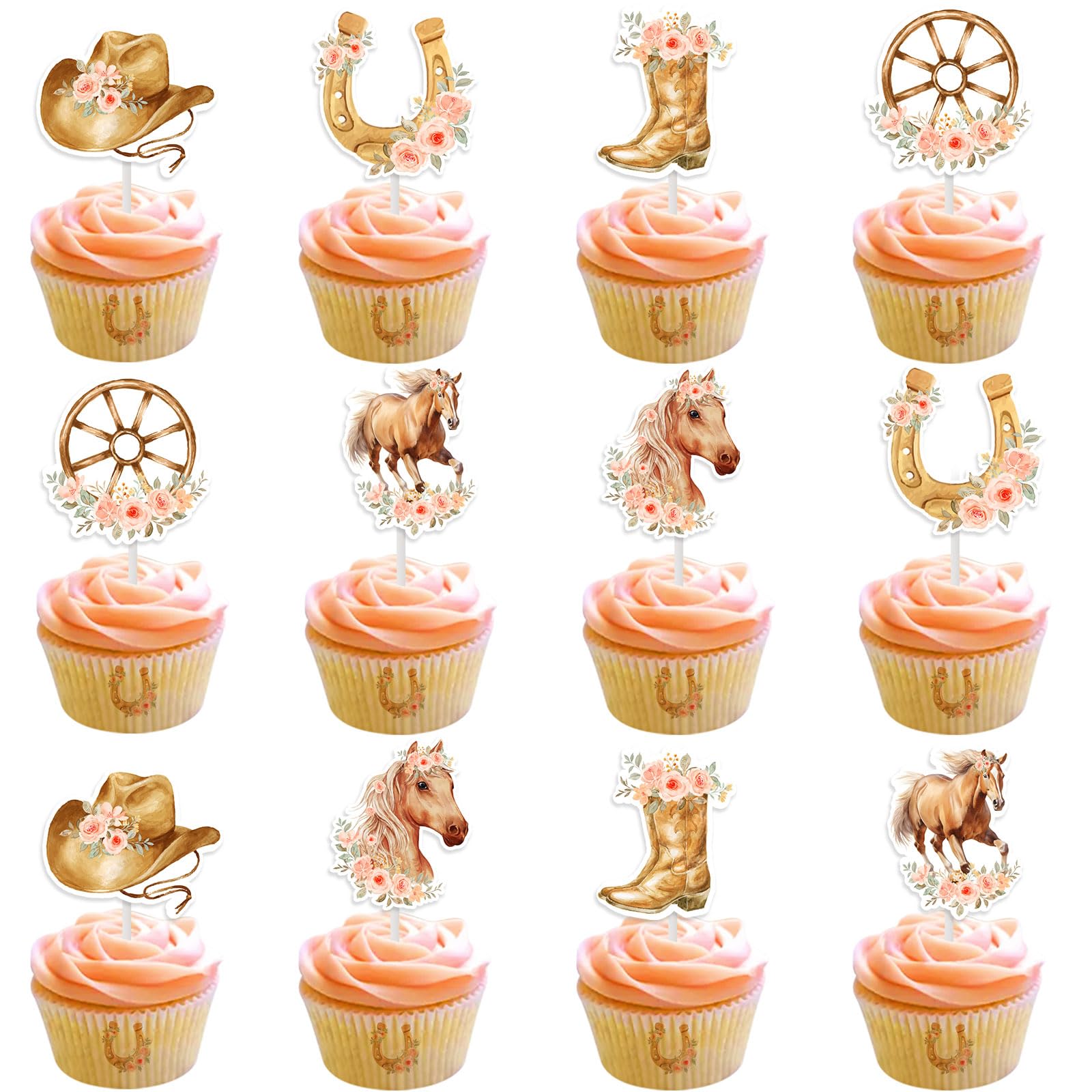 Kreatwow 24pcs Horse Birthday Cupcake Toppers for Girls Horse Birthday Decorations Western Cowgirl Party Decoration Floral Wildflower Cowgirl Party Supply for Western Bday Baby Shower