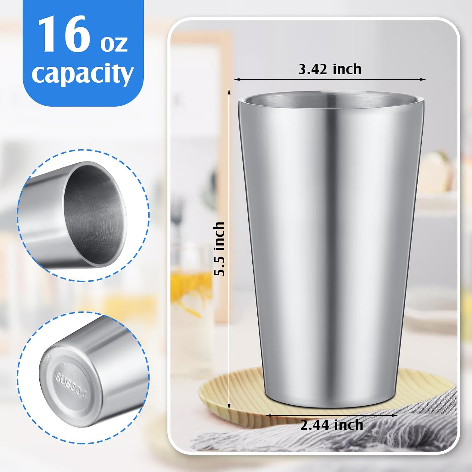 12 Pack 304 Stainless Steel Cups Double Wall Vacuum Cup Stackable Insulated Metal Tumbler Drinking Glasses for Party Bar Travel Camping Home and Outdoor(Sliver,16oz) - Image 3