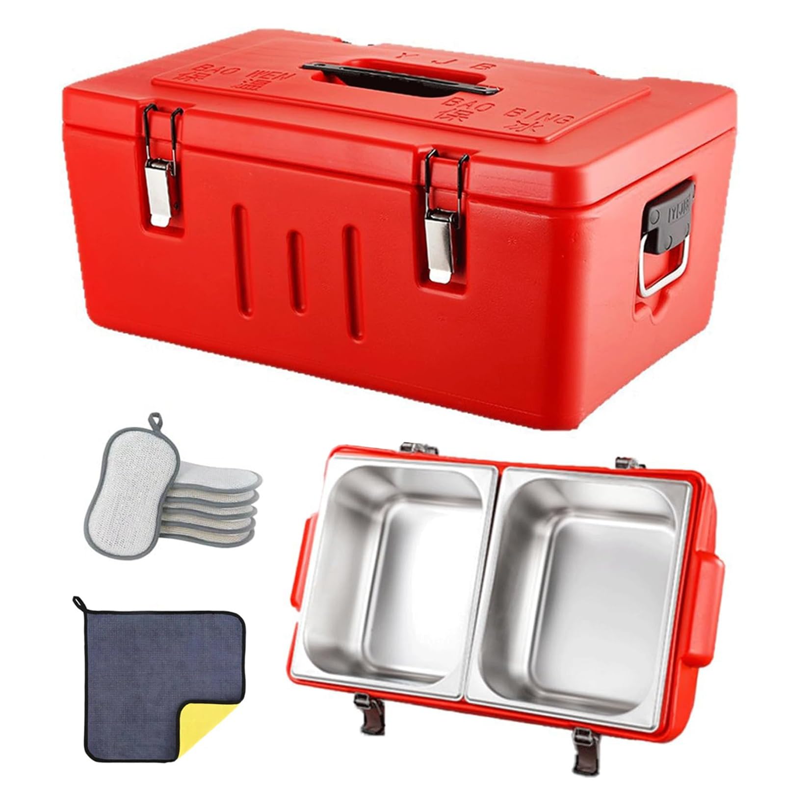 Transportador de alimentos aislado con sartenes de acero inoxidable, diseño resistente para transporte caliente y frío, ideal para catering y uso al aire libre