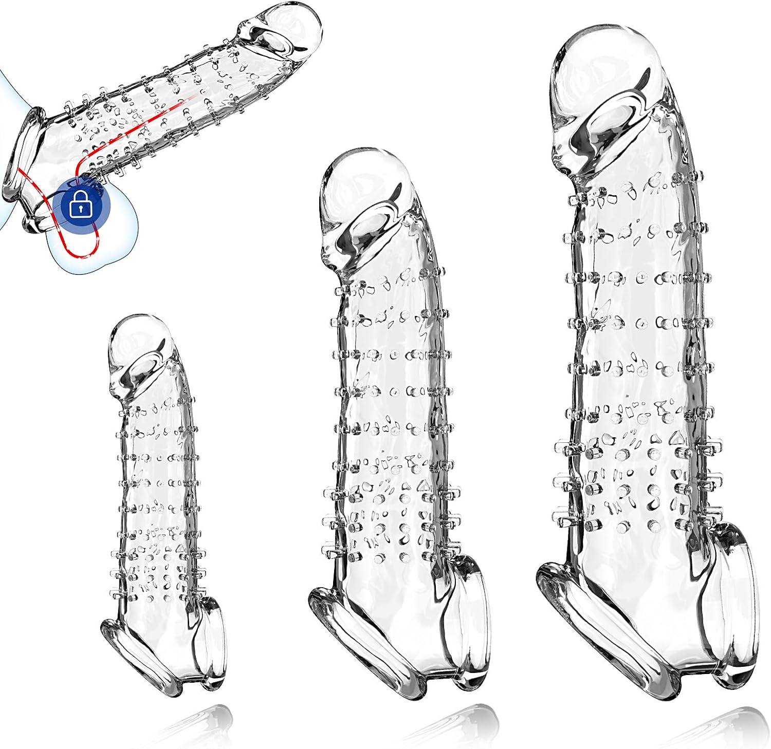 3 Sizes Textured Penis Sleeve with Cock Ring - Clear Reusable Cock Sleeve Penis Extender with Studded Stimulation for Added Length & Girth, Stable Fit Stays in Place, Sex Toys for Men & Couples