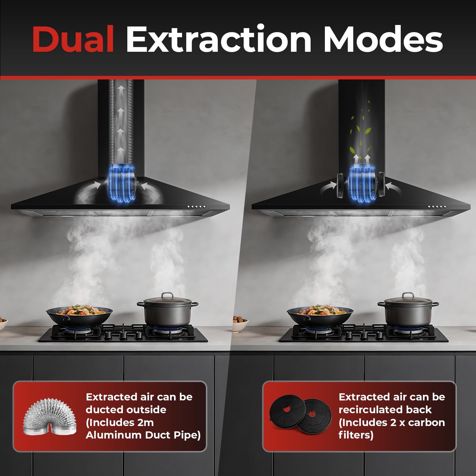 SNDOAS 90 cm Cooker Hood, Class A+++, 3-Speed Wall Mounted Range Hood, Extractor Hood, 400m³/h Extractor Fan kitchen with Carbon Filters, Black — view 6