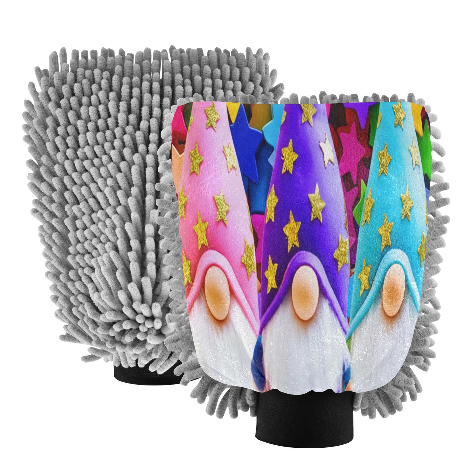 Kigai Three Cute Gnomes Car Wash Mitt Microfiber, 2Pcs Scratch Free Lint-Free, Premium Chenille Microfiber Mitt Car Wash Brush-L