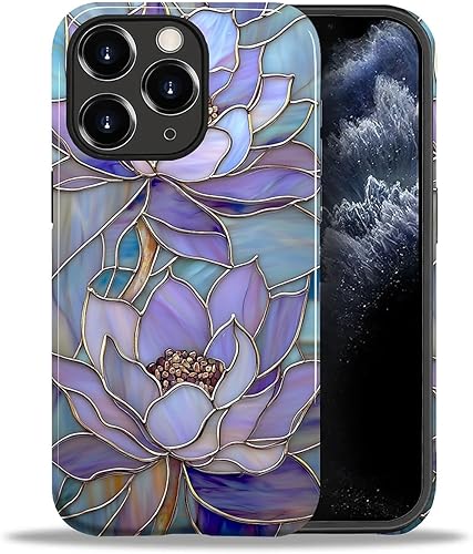 Miniatura 14 de Funda para iPhone 11, carcasa dura a prueba de golpes + silicona suave 2 en 1 híbrida, parachoques a prueba de caídas - Vidrio manchado con flores