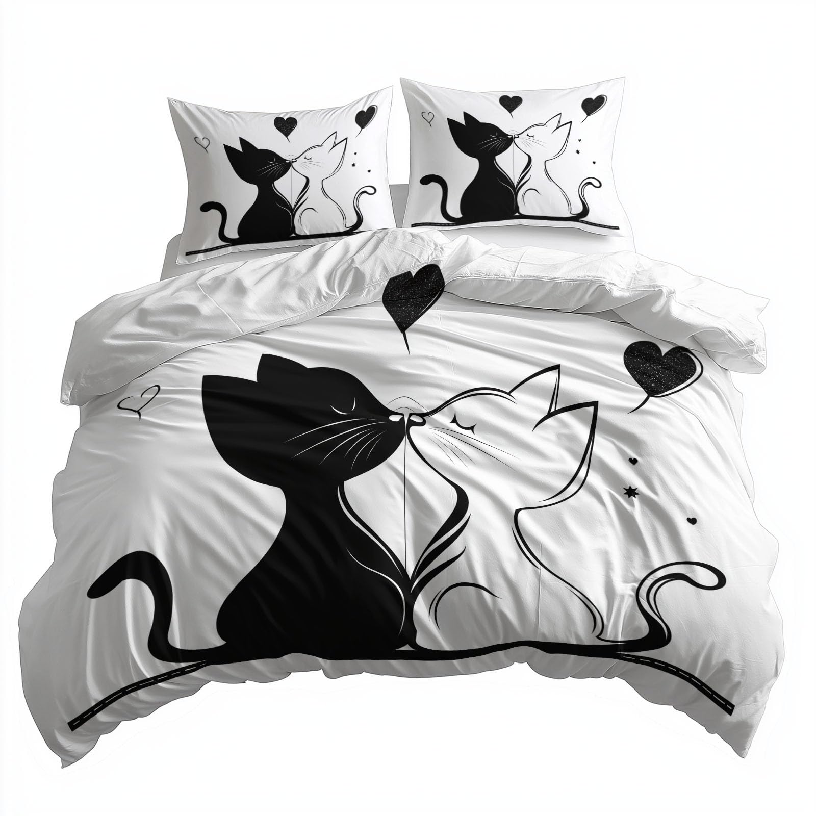 Bettbezug-Set mit Kissenbezug Bettwäsche-Set für Jungen Mädchen Kinder, Pärchen Katz Cartoon Romantische Haustiere Drucken Bettbezug 240 x 220 3er Set Weich Mikrofaser, Atmungsaktiv