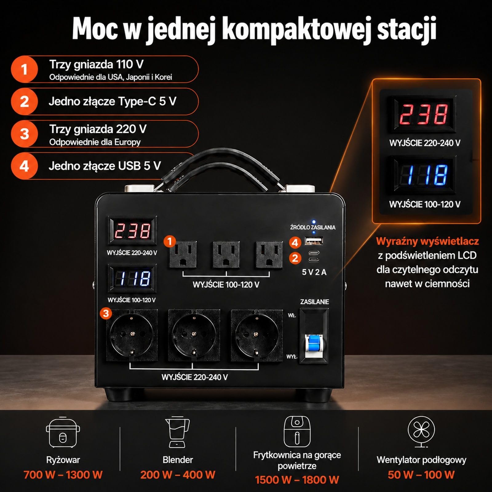 Transformator napięcia 3000VA 110 V na 220 V i 220 V na 110 V, 3 gniazda US, 3 złącza EU, metalowa obudowa z uchwytem