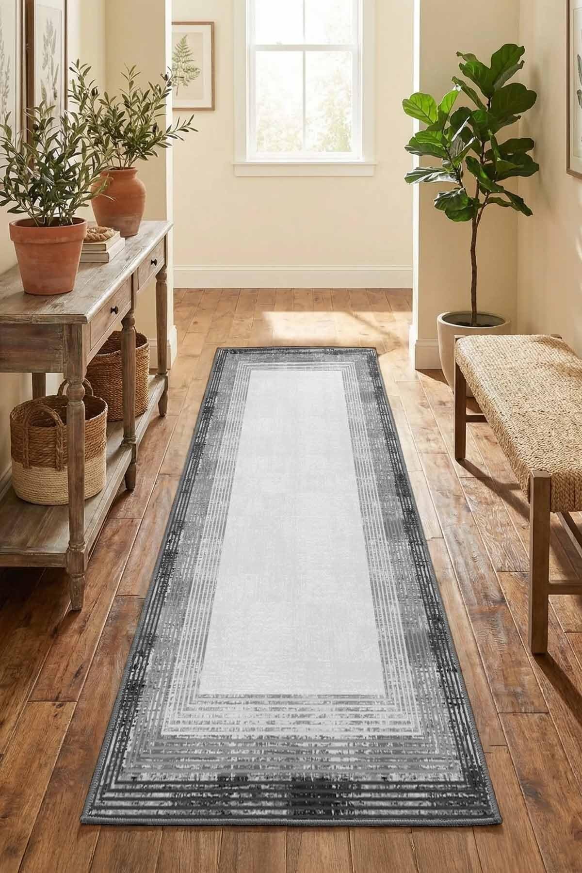 Monnhein Gri Yolluk 1201 - Yıkanabilir, Kaymaz Taban, Dijital Baskılı, Leke Tutmaz, İnce Hav, Modern Koridor, Mutfak, Antre ve Salon için Dekoratif Yolluk