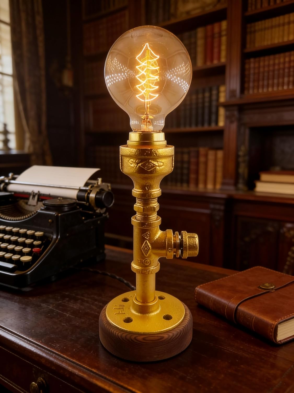 Industrial Steampunk Table Lamp, Vintage Edison Style, Black Iron Pipe Design with Wooden Base, Decorative Desk Light for Study Room, Office (Golden)