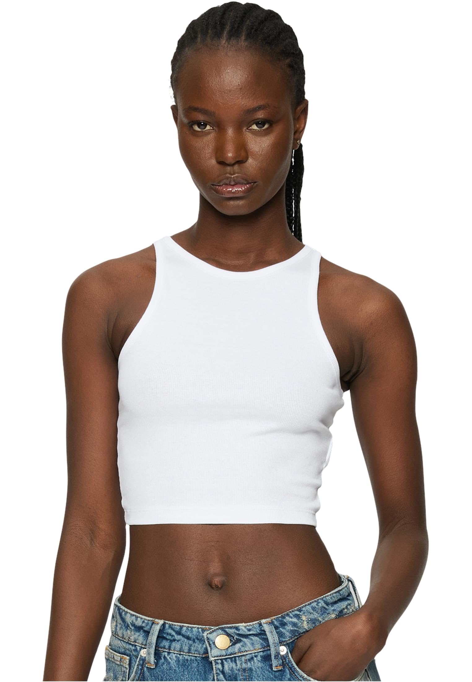 Urban Classics Women's Ladies Organic Cropped Rib Top 2 Pack Undershirt, White/White, M