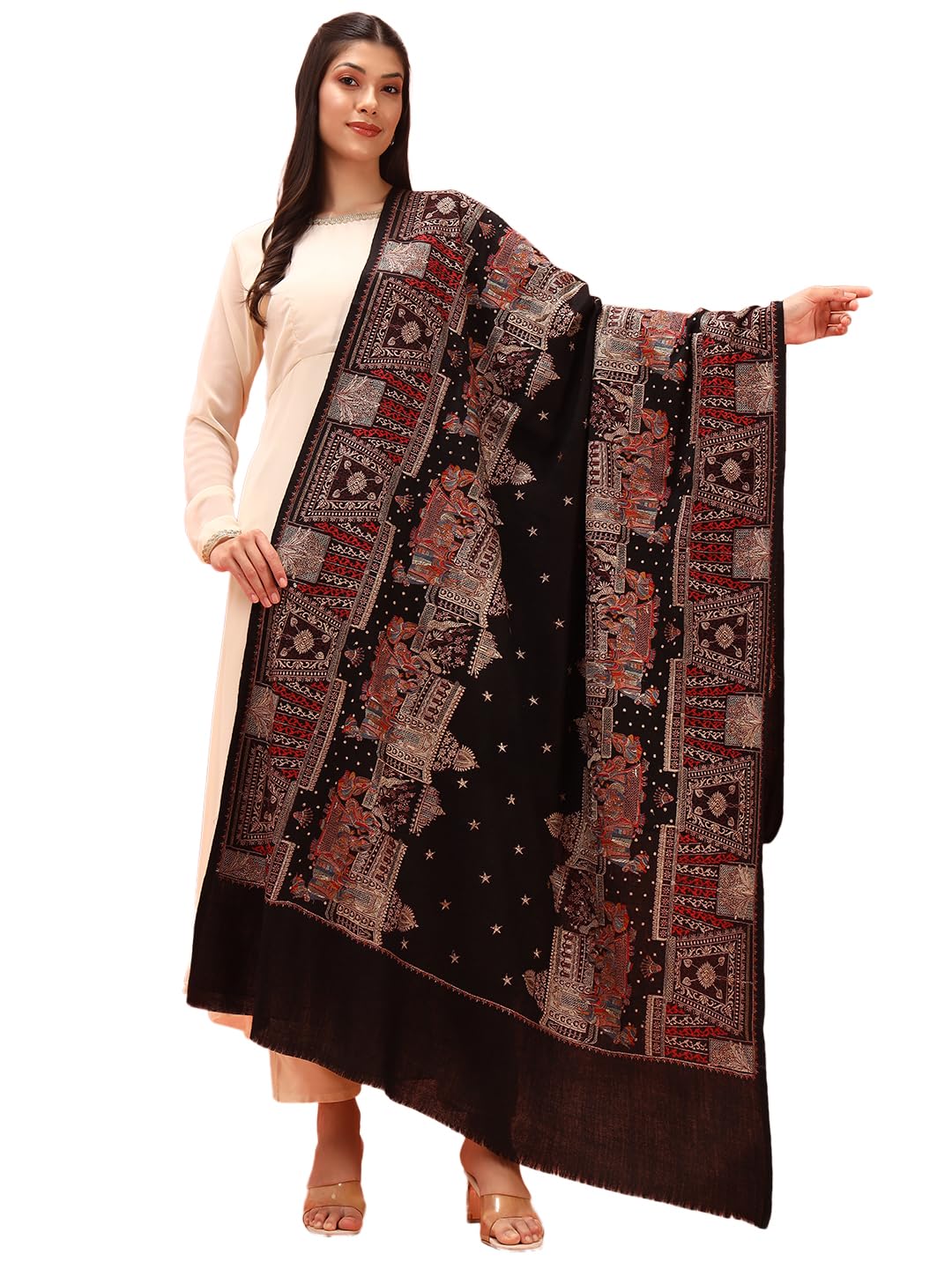 pashmoda Women Zavian 100% Pure Wool Fabric Sozni Embroidered Shawl, Stole and Wrap, Heritage Pashmina Kashmiri Stole, Shawl, Wrap (Size: 40x80 Inches)-picture-53