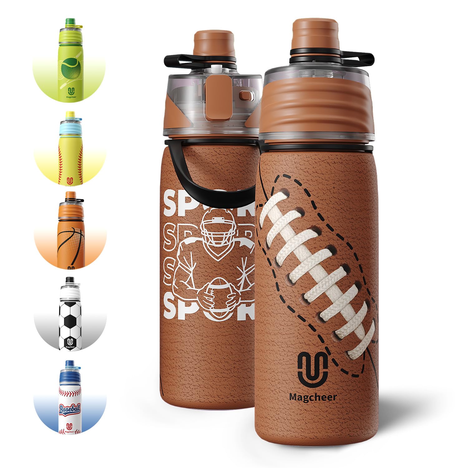 magcheer 600ml Gourde Rugby Enfant | Gourde Brumisateur Inox avec Texture 3D | Rafraîchissement Instantané | Sans BPA | Anti-fuite Bouteille Sport | Cadeau Rugby Enfant