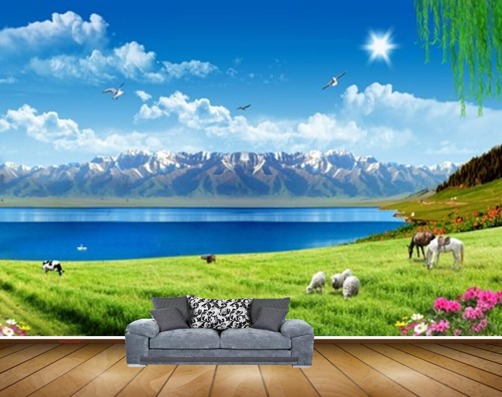 MWZ2462 Mountains Sun Clouds Trees Pond River Lake Water Birds Animals Cows Grass Flowers HD 3D Wallpaper for Bedroom, Hall[4 ft x 3 ft] / [122 cm x 91 cm]