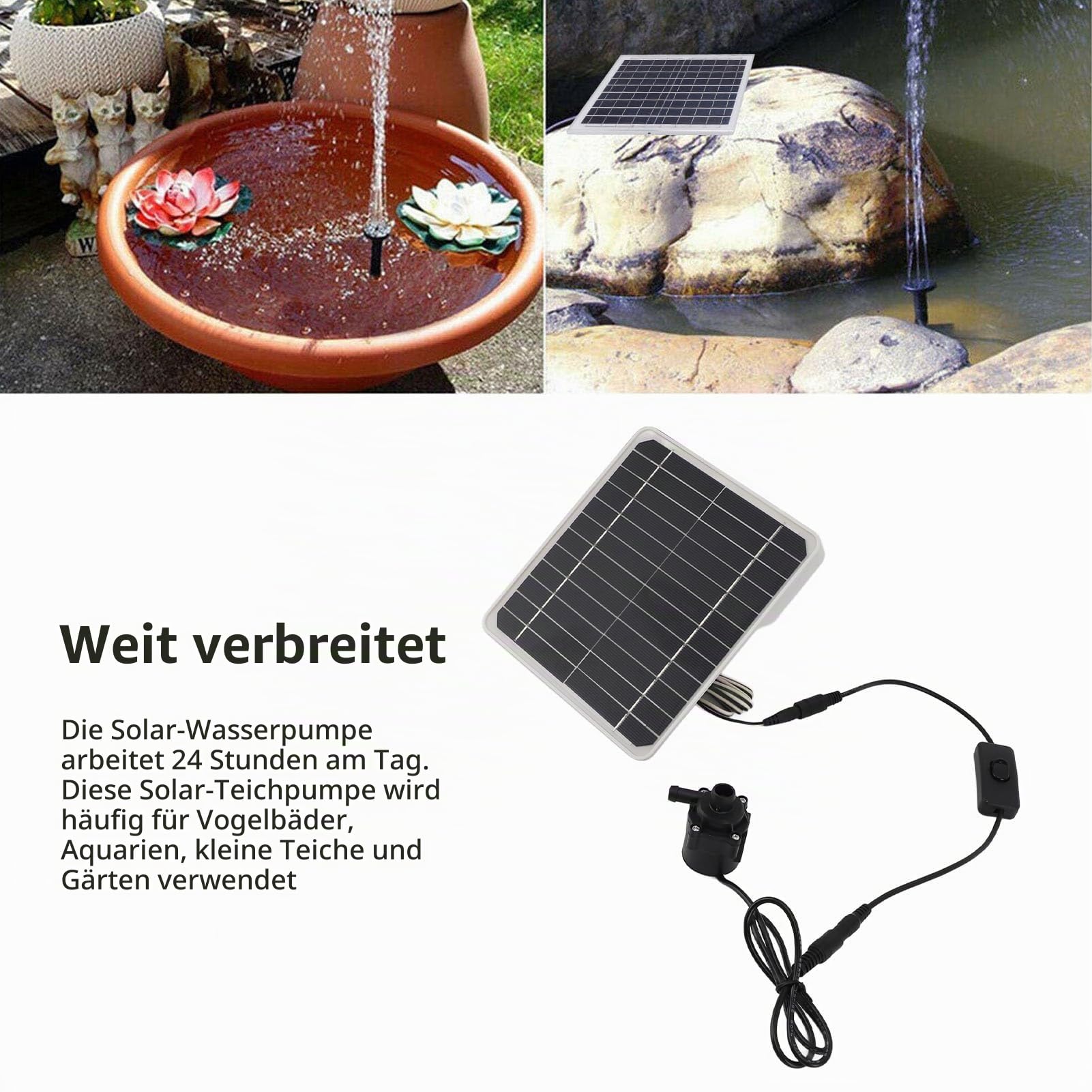 Solar-Wasserpumpen-Set, 12 V, 6 W, Solar-Brunnenpumpe für Vogelbad, Geräuscharmes Solar-Brunnen-Set für Teiche, Aquarien, 24-Stunden-Betrieb, Stromspeicherfunktion