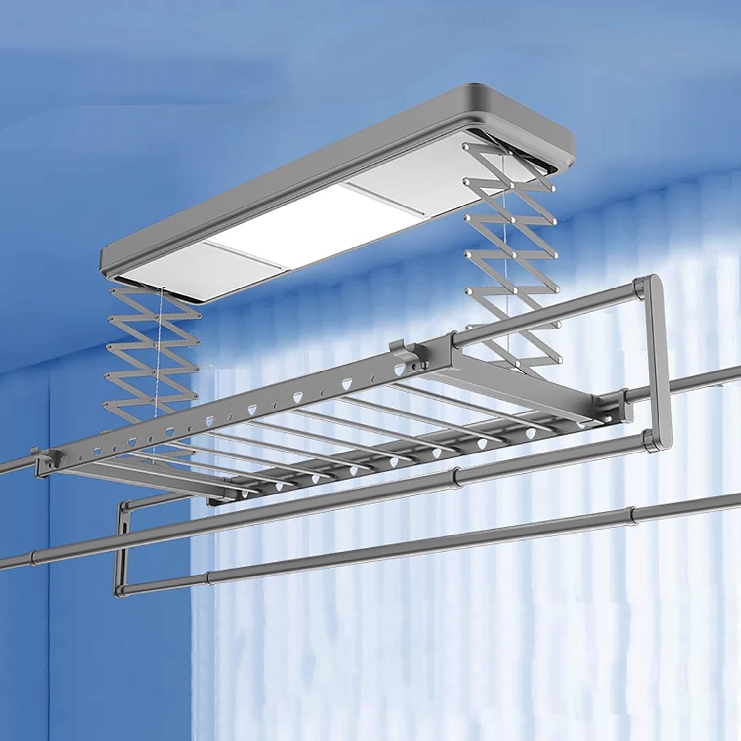 Foldable Space-Saving Clothes Rack Floor-Standing Clothes Rack Tripod Portable Rotating Clothes Rack，Ceiling Mounted Electric Clothes Dryer with Remote, Retractable Aluminum Drying Rack, LED