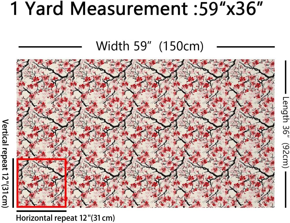 Feelyou Cherry Blossom Fabric by The Yard, Vivid Japanese Flowers Upholstery Fabric for Chairs, Spring Flower Garden Decorative Fabric for Upholstery and Home DIY Projects, 2 Yard, Red