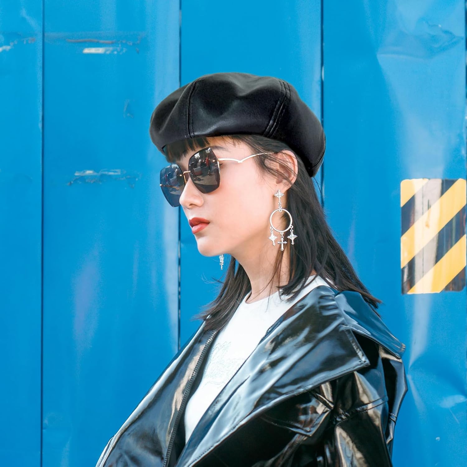 8 Panels Newsboy Cap, PU Leather French Artist Beret Hat Fiddler Cap for Women Black - Image 3