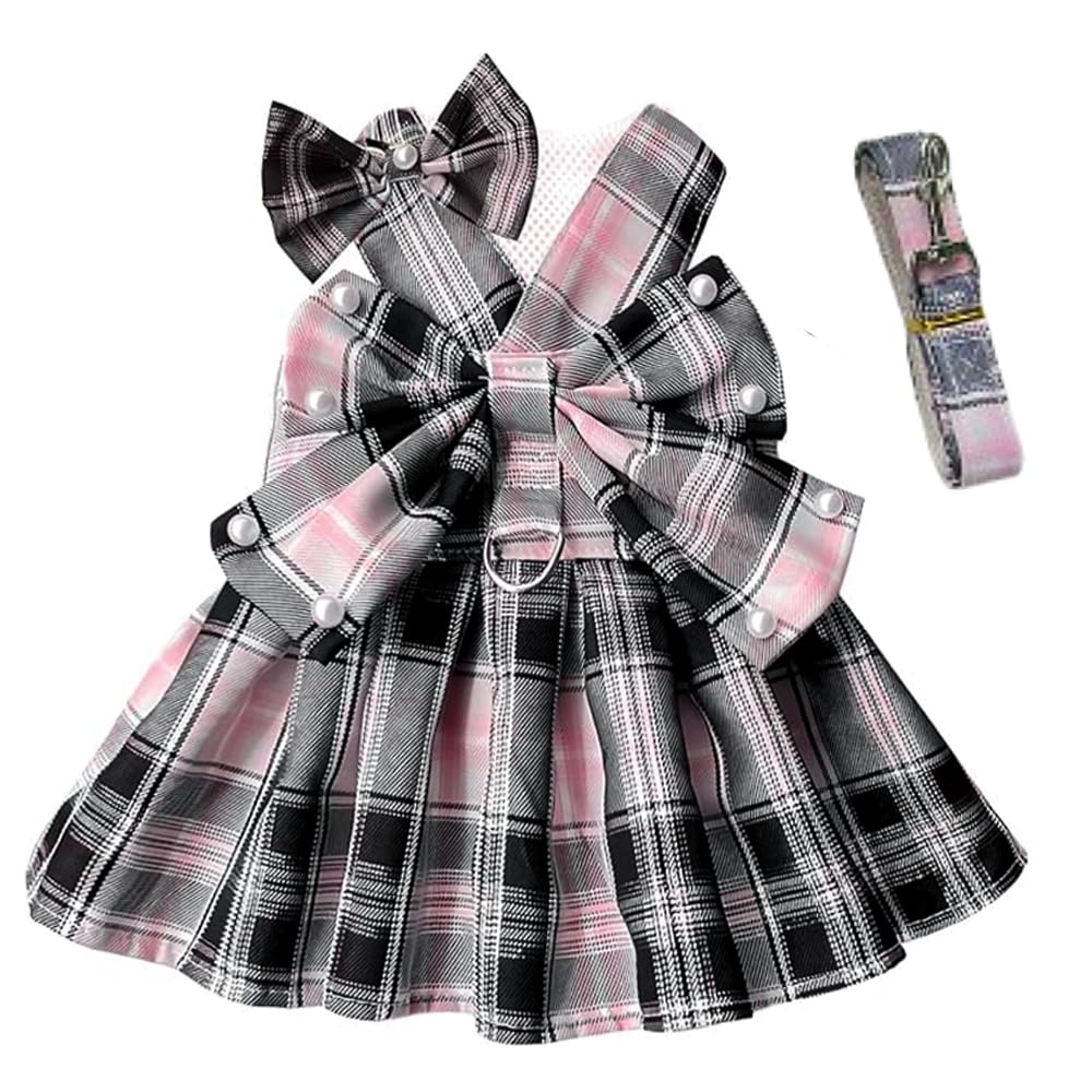 Plaid Dog Dress Harness and Leash Set with Bow Tie Accessories Puppy Clothes for Small Dog Girl Cute Cat Summer Outfit Breathable Mesh Pet Princess Skirt with Pearls (Black, Medium)