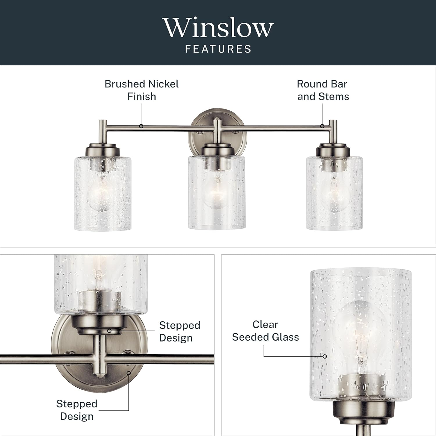 Kichler Winslow 21.5" Vanity Light in Brushed Nickel, 3-Light Transitional Bathroom Light with Clear Seeded Glass. (21.5" W x 9.25" H), 45886NI