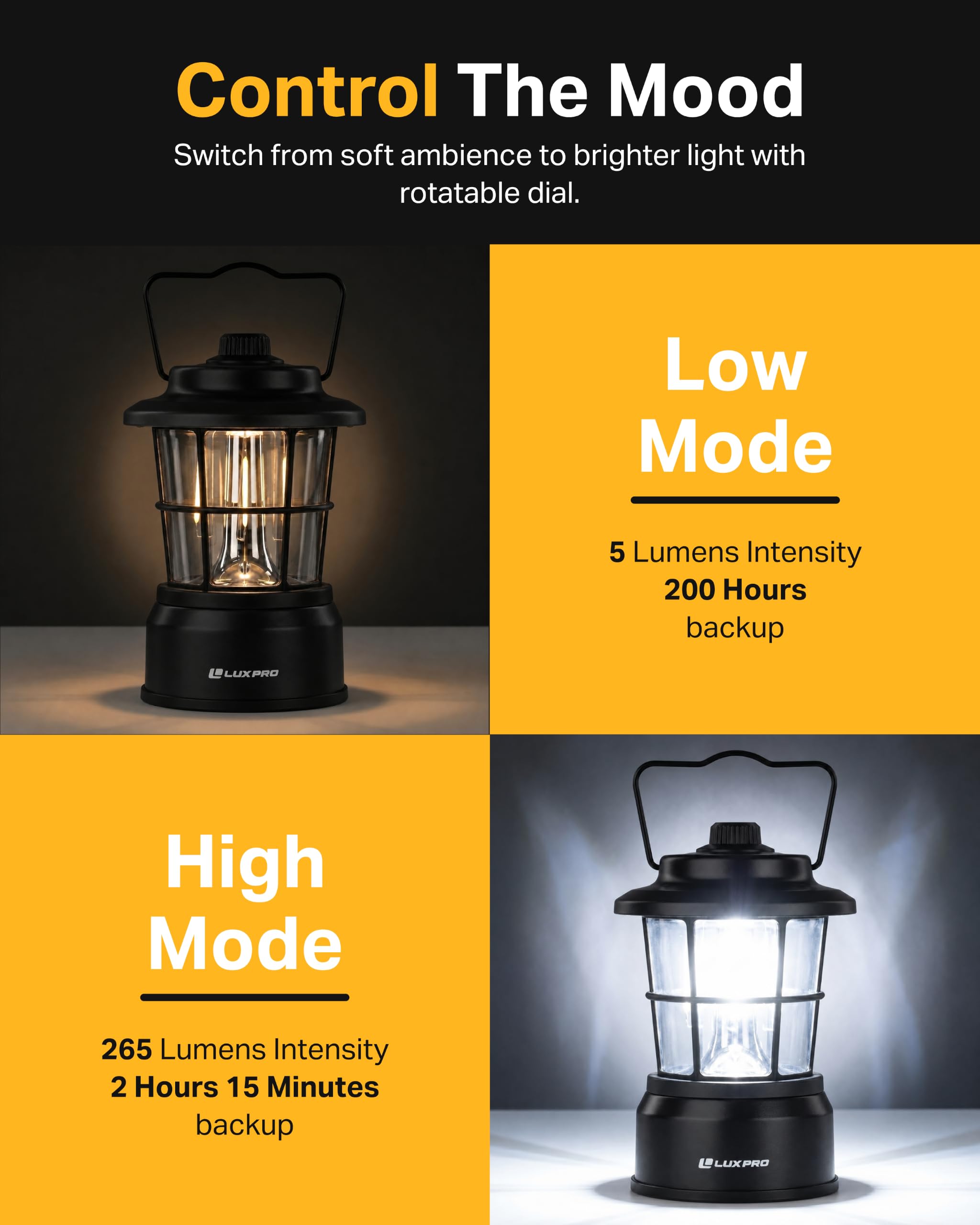 LUXPRO Retro LED Laterne - Batteriebetriebene Notfalllaterne - Wasserabweisend - Helle LED-Lampe für Innen & Außen - Verwendung für Zelte, Wandern oder Hurricane Prep (Schwarz, 2 Stück)