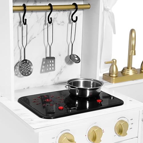 Miniatura 9 de JOYLDIAS Juego de cocina de madera para niños, juego de cocina de chef con dispensador de cubitos de hielo, horno, accesorios de cocina, estilo