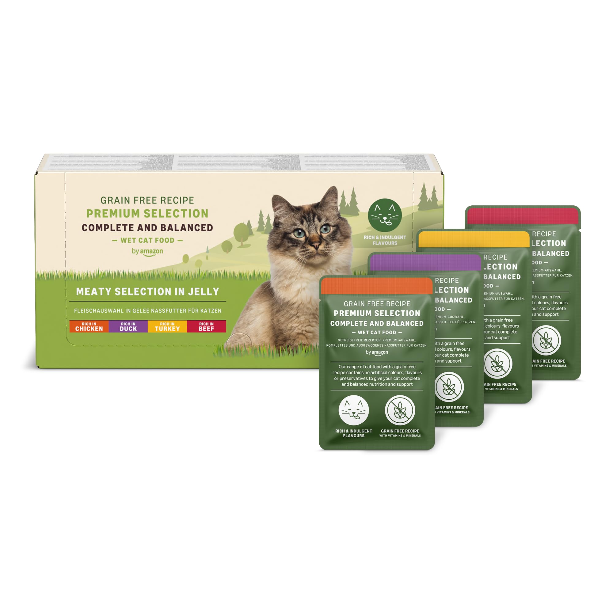 by Amazon Comida húmeda para Gatos Adultos sin Cereales Selección de Carne en gelatina, 4.76 kg (56 Paquetes de 85g) (Antes Lifelong)