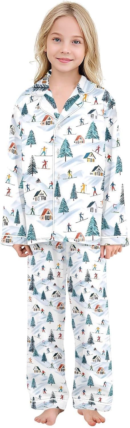 Snowboarders Skiers Winter Satin Pajama Sets Long Sleeves Nightwear Button Down Sleepwear