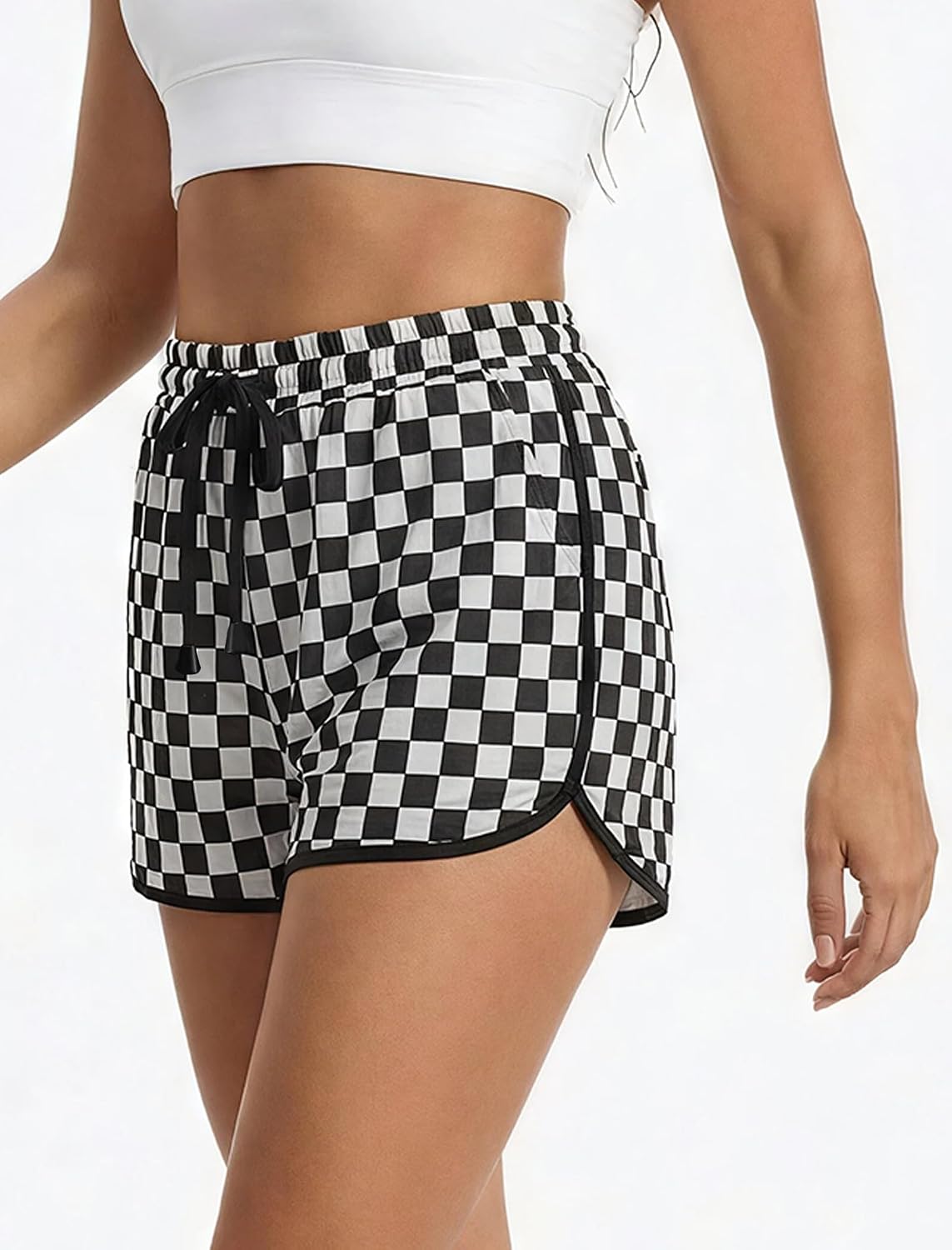 WSPLYSPJY Women's Checkered Shorts Elastic Waist with Drawstring Plaid Short Pants Beach Summer with Pockets