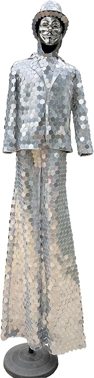 Earthradius Handmade Silver Stilts Walker Mirror Man Show Gold Suit Stage Dress Performance Costume Outfit
