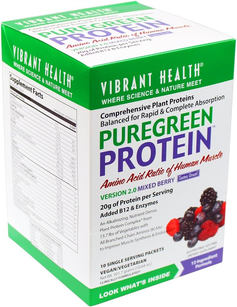 Vibrant Health - PureGreen Protein Mixed Berry Single Servings - Comprehensive Plant Proteins Balanced for Rapid & Complete Absorption, 10 packets