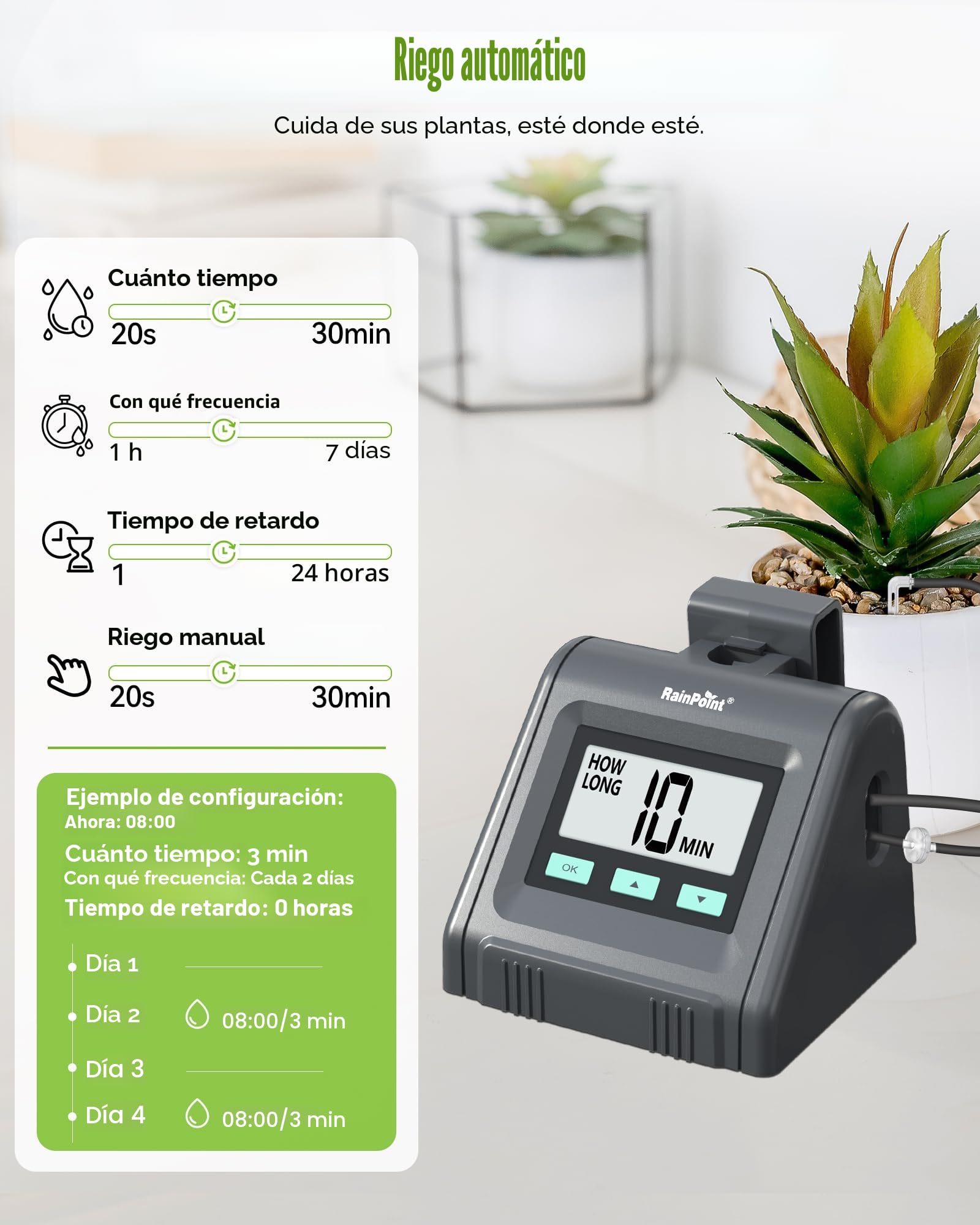 RAINPOINT Riego por Goteo Automático, Volumen de Agua Ajustable, Sistema de Riego Automático para Hasta 10 Plantas y Macetas de Interior