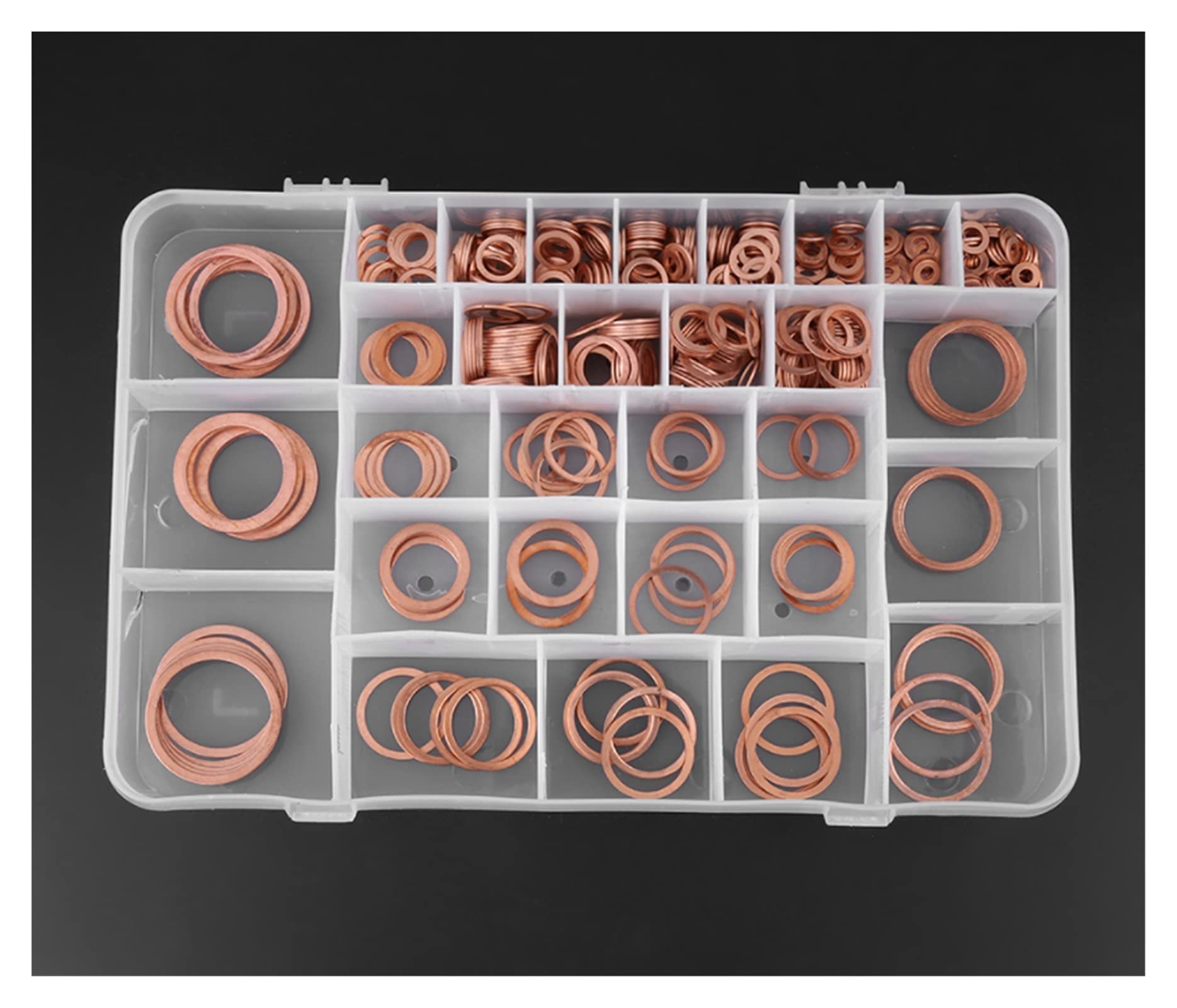 Wshao store 568 sztuk/zestaw miedzianych uszczelki Uszczelki Płaska pierścień Zestaw z plastikowym pudełkiem Zestaw asortymentowy ZESTAWY SAMPY WTYCNE PRZEŁĄCZNIK COPER WASHER