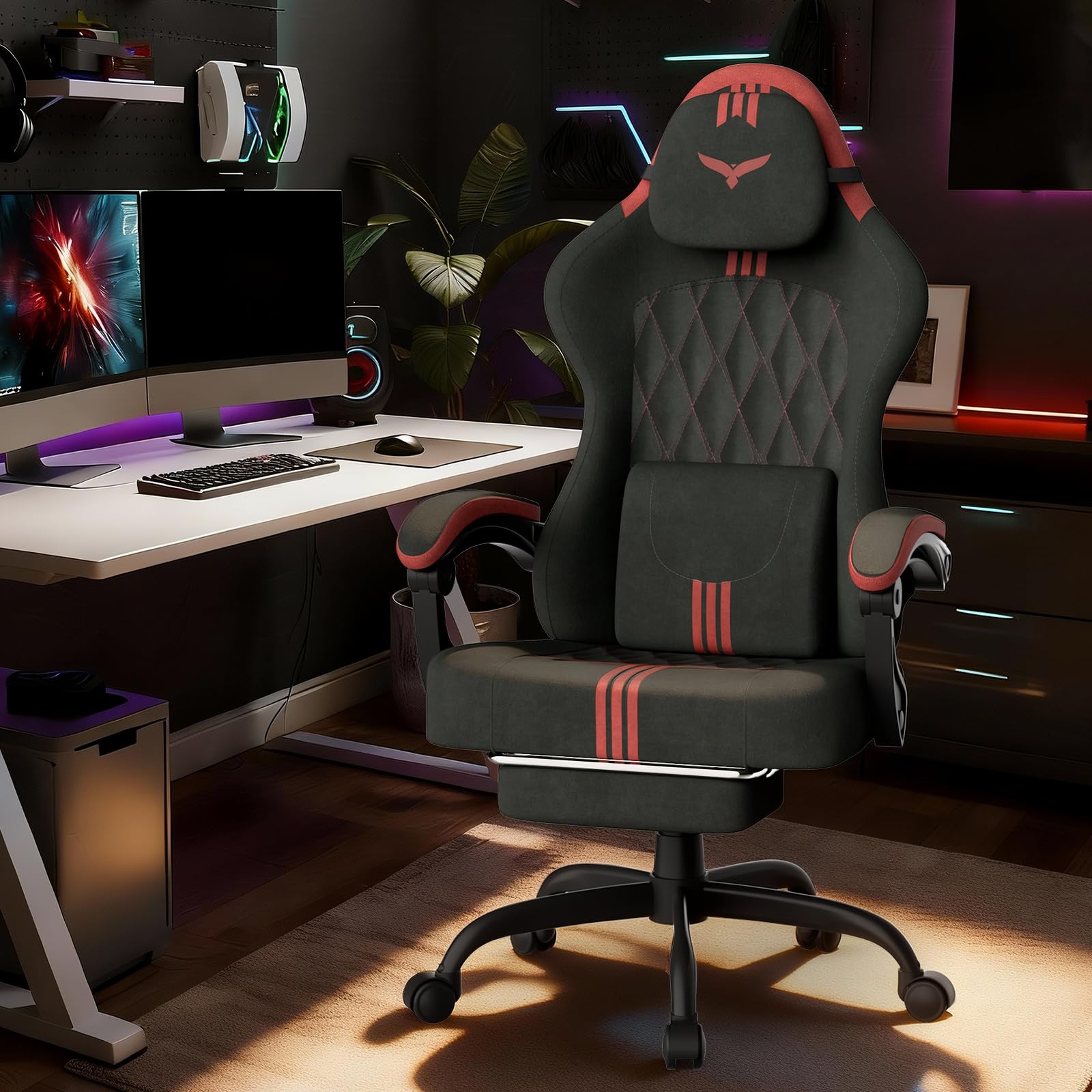 Verdego Silla Gaming, Silla Gamer Ergonómica con Masajeador Cojín Lumbar, Reposapiés Retractable y Reposacabezas, Terciopelo, Reclinable 90-145°, Altura Regulable 10cm, Sillas Gaming, Negro y Rojo