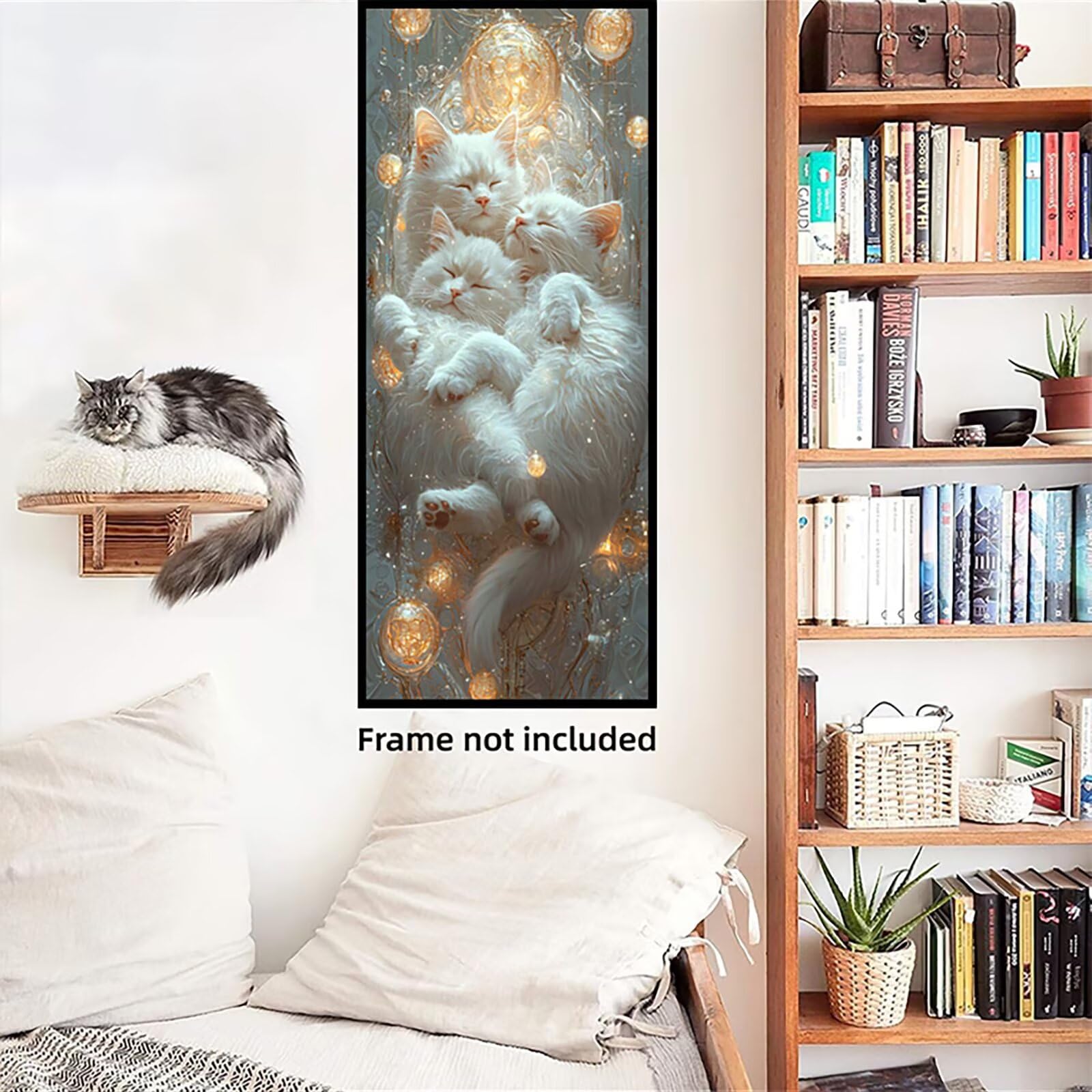 Malen Nach Zahlen 50x150cm Leinwand Weiße Katze Malen Nach Zahlen Erwachsene mit Ohne Rahmen, DIY Kreativ Set für Erwachsene mit Pinseln und Acrylfarbe, Zimmer Deko Perle Landschaft Geschenk, P0M-923