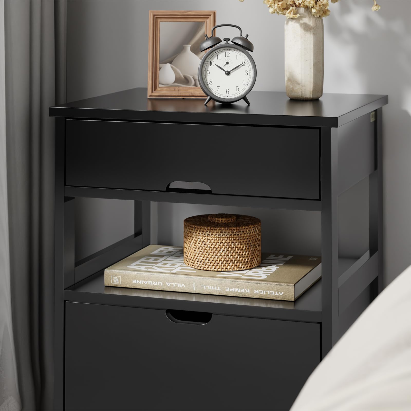 SoBuy Comodino Camera da Letto - Comodino con 2 Cassetti e 1 Ripiano, Tavolino Salotto - Moderna Cassettiera L45 x P38 x A55 cm Nero FRG258-SCH