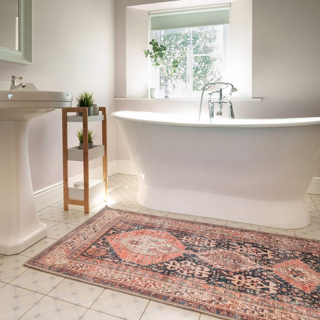Washable Bathmat Terracotta Blue Bathroom Rugs Multicoloured Recycled Cotton Liquid and Stain Resistant Home Hallway Rug 60cm x 110cm (1ft 12" x 3ft 7")