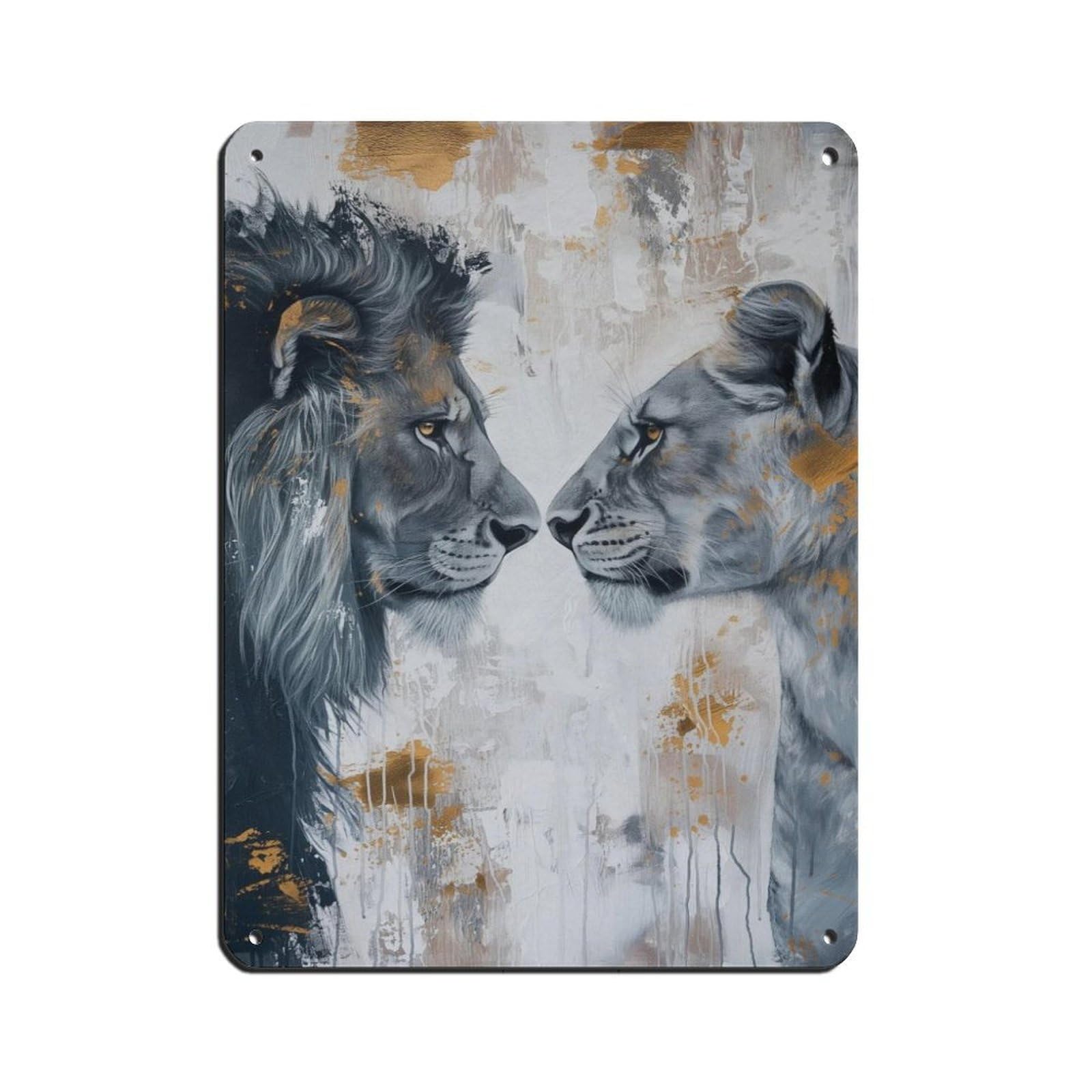 Lion And Lioness Staring at Each Other, Couple Art Retro Poster Metal Tin Sign Chic Art Retro Iron Painting Bar People Cave Cafe Family Garage Poster Wall Decoration 12x16inch(30x40cm)