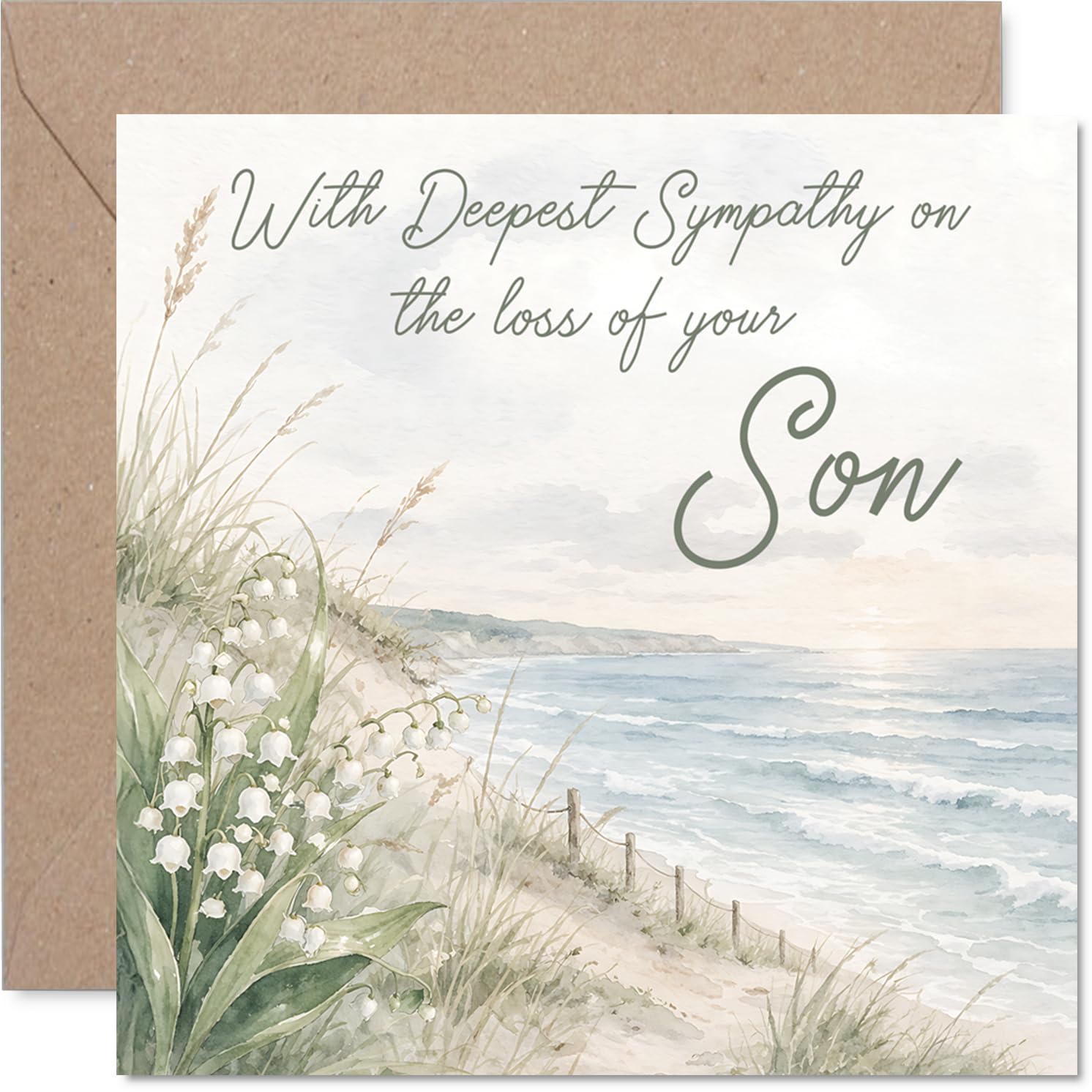 Comforting Sympathy Card - Loss of Son - Gentle Words for a Difficult Time - Serene Beach Scene with Delicate Flowers - 145mm Square, Envelope Included
