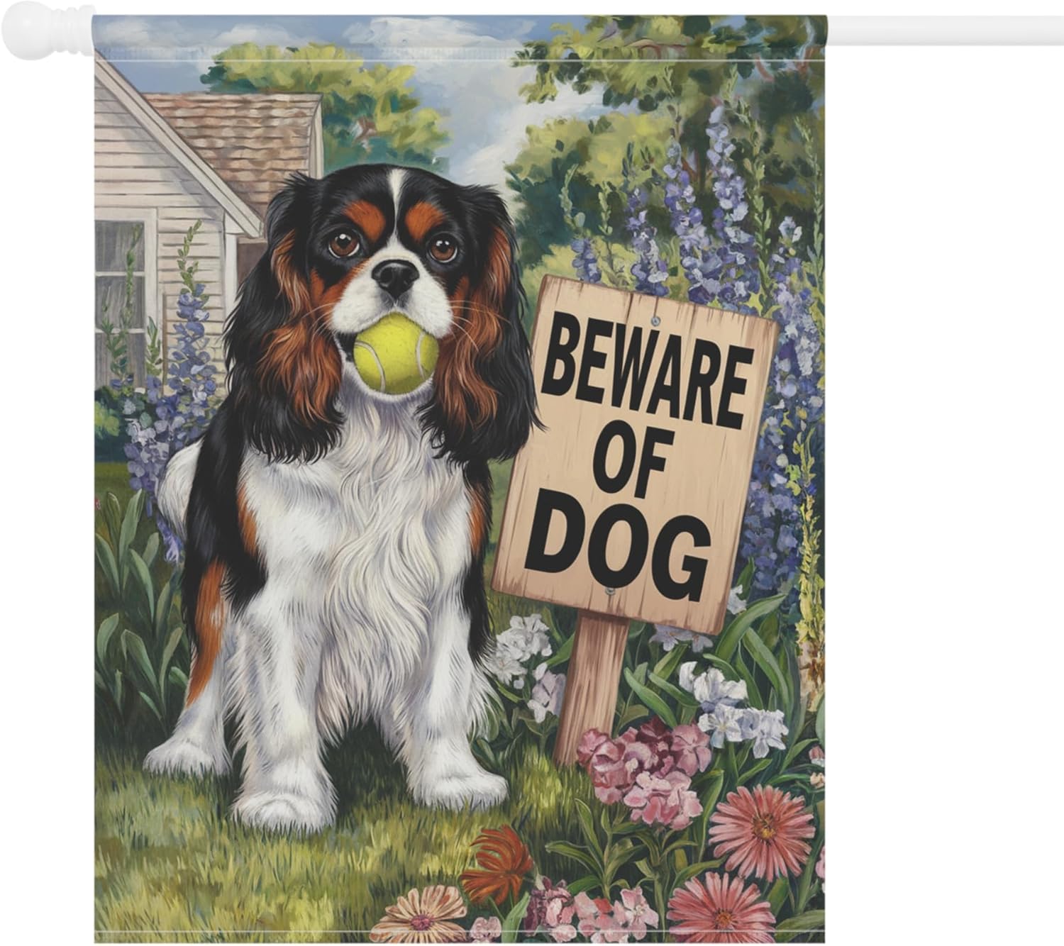 PUDDINFLAGS Funny King Charles Cavalier Tricolor Garden Flag, Beware of Dog Yard Decor Dog Sign, Outdoor Spring Decoration