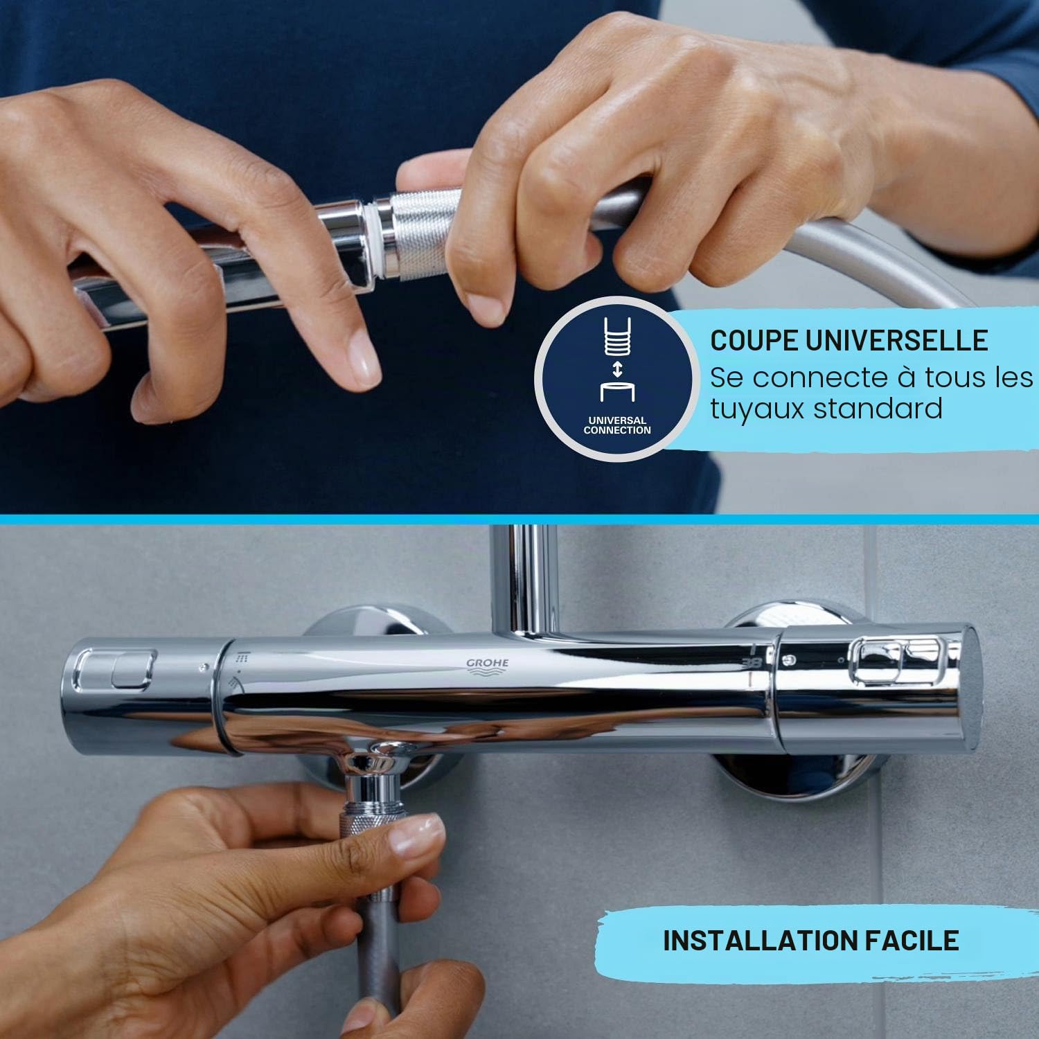 GROHE Flexible tuyau de douche salle de bains VitalioFlex métallique, tuyau de douche 1500mm, anti-pliures, finition brillante, raccord fileté universel 1/2", chromé, 27503001 (Import Allemagne)