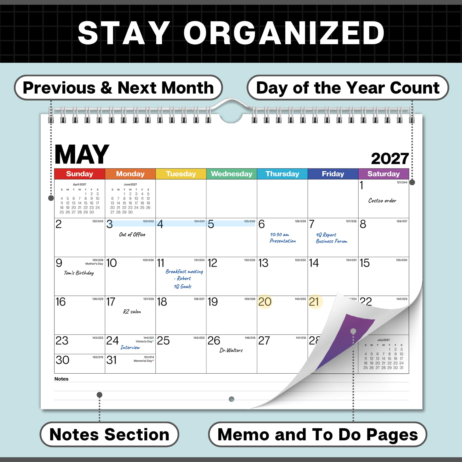 Dunwell Wandkalender 2025, 21,6 x 27,9 cm (bunt), kleiner Monats-Schreibtisch- oder Spiralkalender zum Aufhängen für Zuhause oder Büro, Premium-Qualität, perfekte Größe