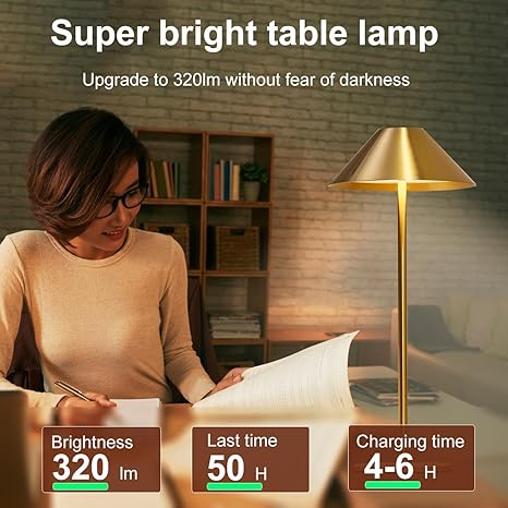 Seyxicnor Gold Cordless Lamp, Rechargeable Battery Table Light, Small Bedside Touch Lamps 3 Color Dimming, Metal Bases & Lampshade with Flexible Height Pole Wireless Lamp for Reading/Home Decor(1PC) photo 3