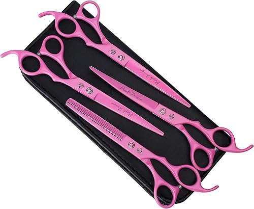 Purple Dragon Profesional 7.0 pulgadas 4 piezas Kit de tijeras para el aseo de mascotas, acero premium de Japón, hoja recta, curva y de entresacar,