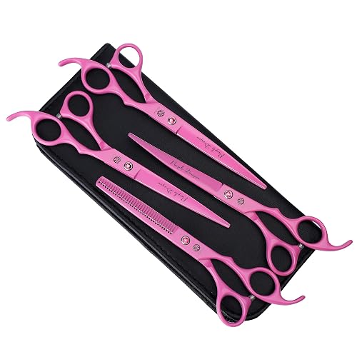 Purple Dragon Professional 7.0 inch 4PCS Pet Grooming Scissors Kit Japan Premium Steel Straight & Curved & Thinning Blade Dog Hair Cutting Shears Set with Case(Pink) - Pink